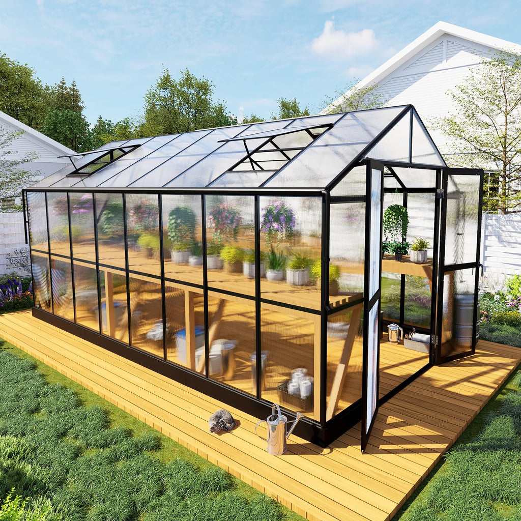 HOWE 10x18x8.4FT Polycarbonate Greenhouse, Heavy Duty Greenhouse for Outdoors with 4 Vent Windows, Black