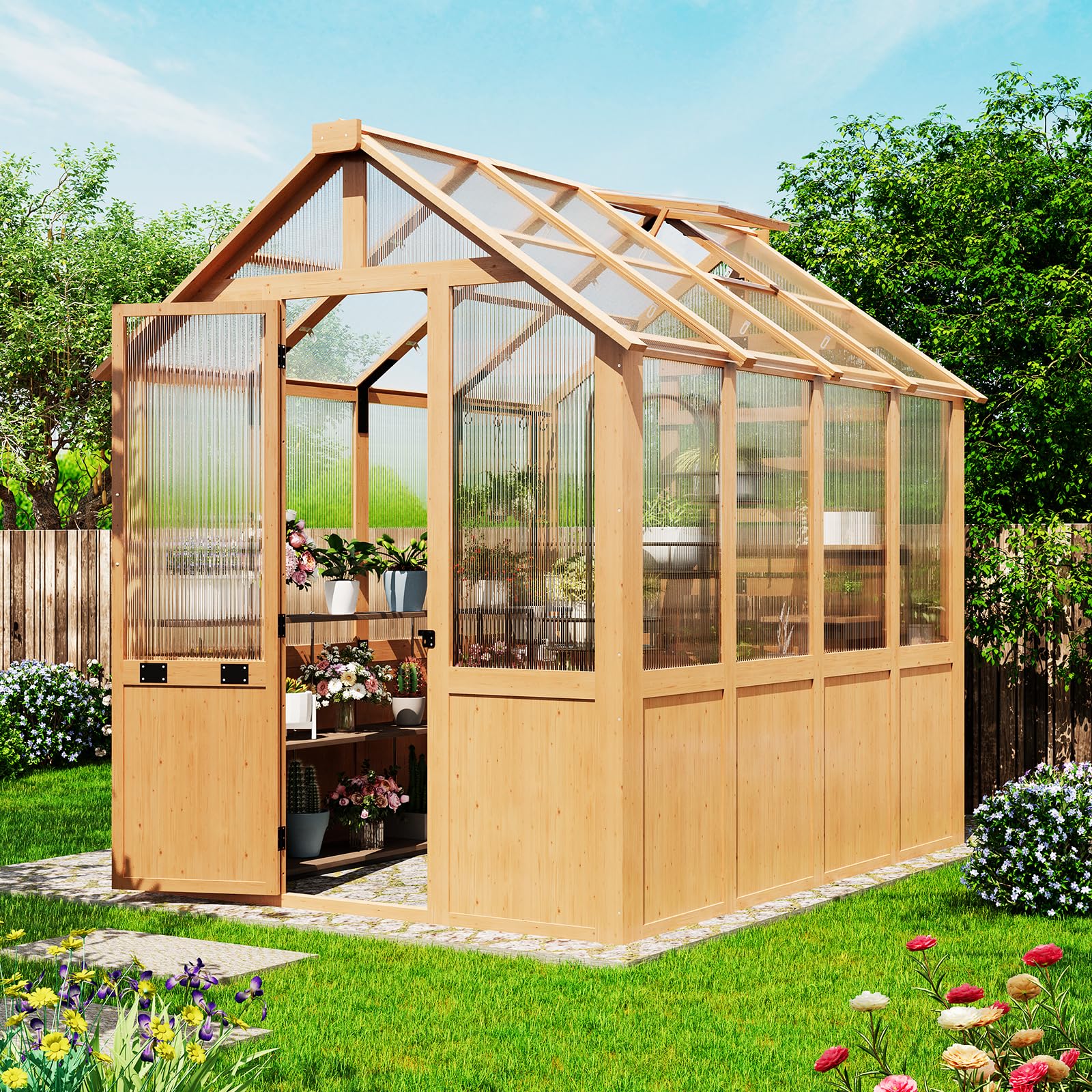 EROMMY 7x16 FT Spruce Wood Greenhouse with Pergola, Large Walk-in Polycarbonate Greenhouse Kit with Top-Hung Windows, Built-in Workstation and Staging Shelves for Backyard Garden