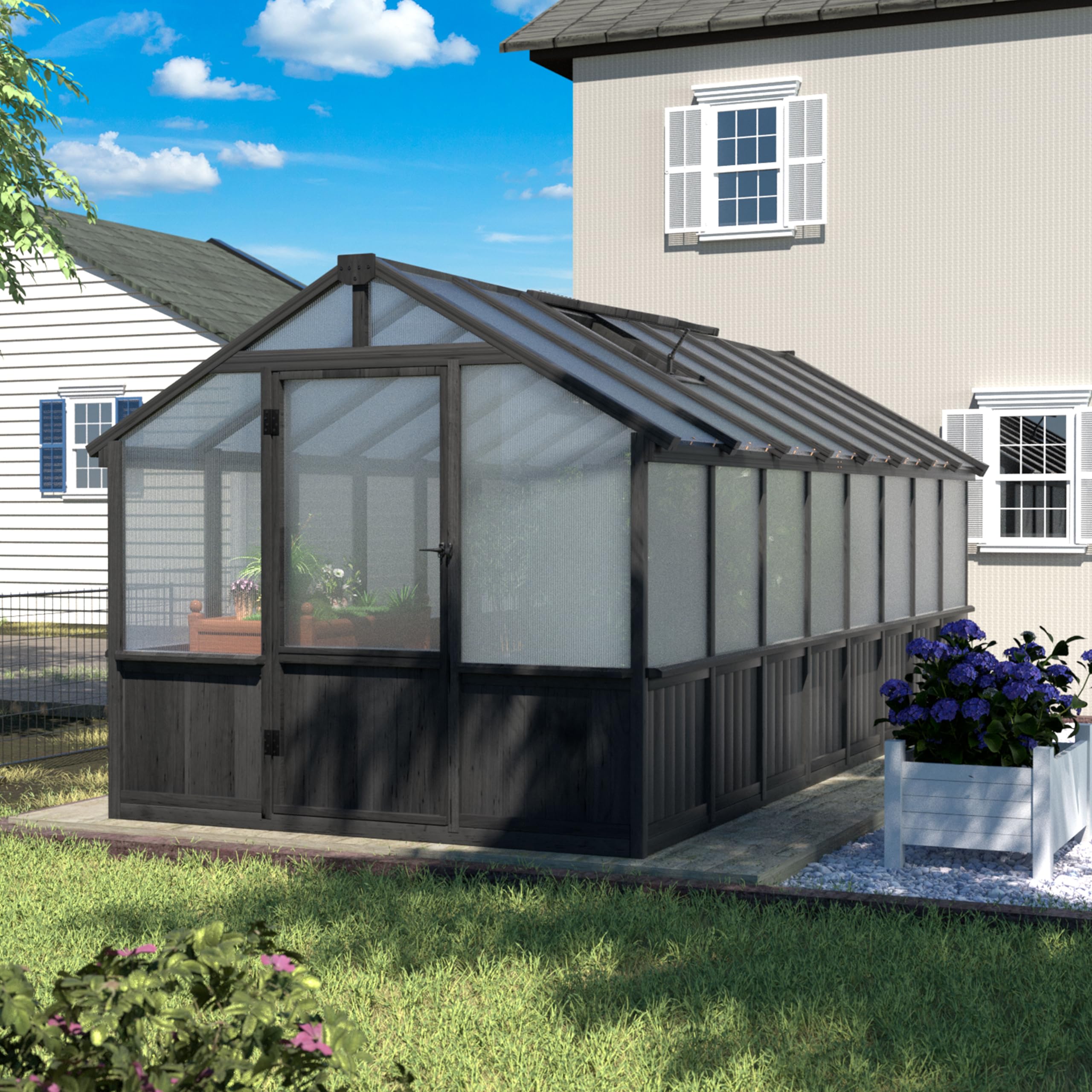 Yardenaler 8x16 FT Greenhouse for Outdoor, 6MM Thick Polycarbonate Panel Wooden Walk-in Green House with Adjustable Roof Vents and Lockable Door, Backyard Garden, Light Mocha Brown