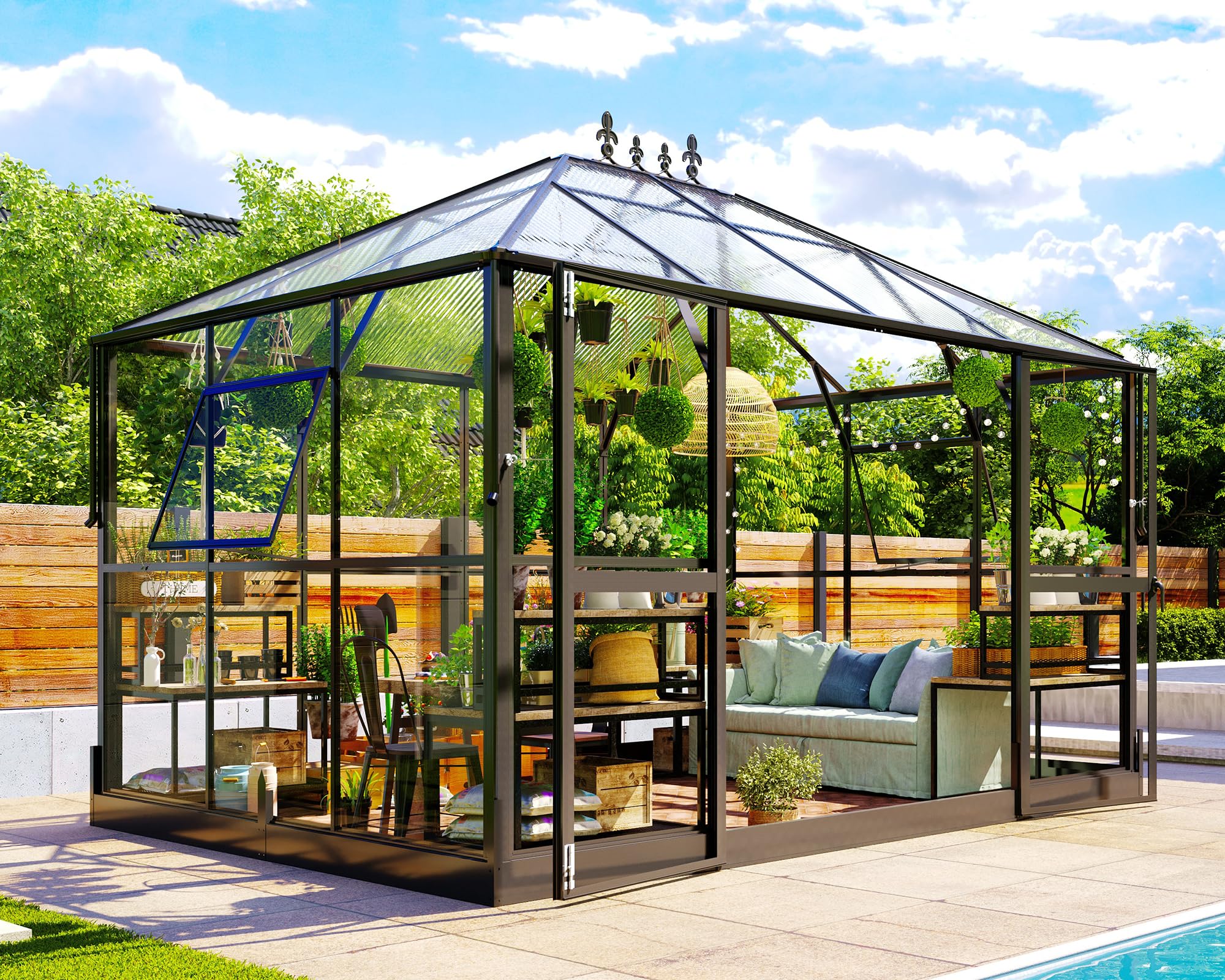 Jocisland 16x12x9.5 FT Polycarbonate Greenhouse- 6 FT Wall Height Outdoor Aluminum Greenhouses with 2 Ventilation and Rain Gutter, Double Doors with Hook, Walk-in Greenhouse for Backyard Garden