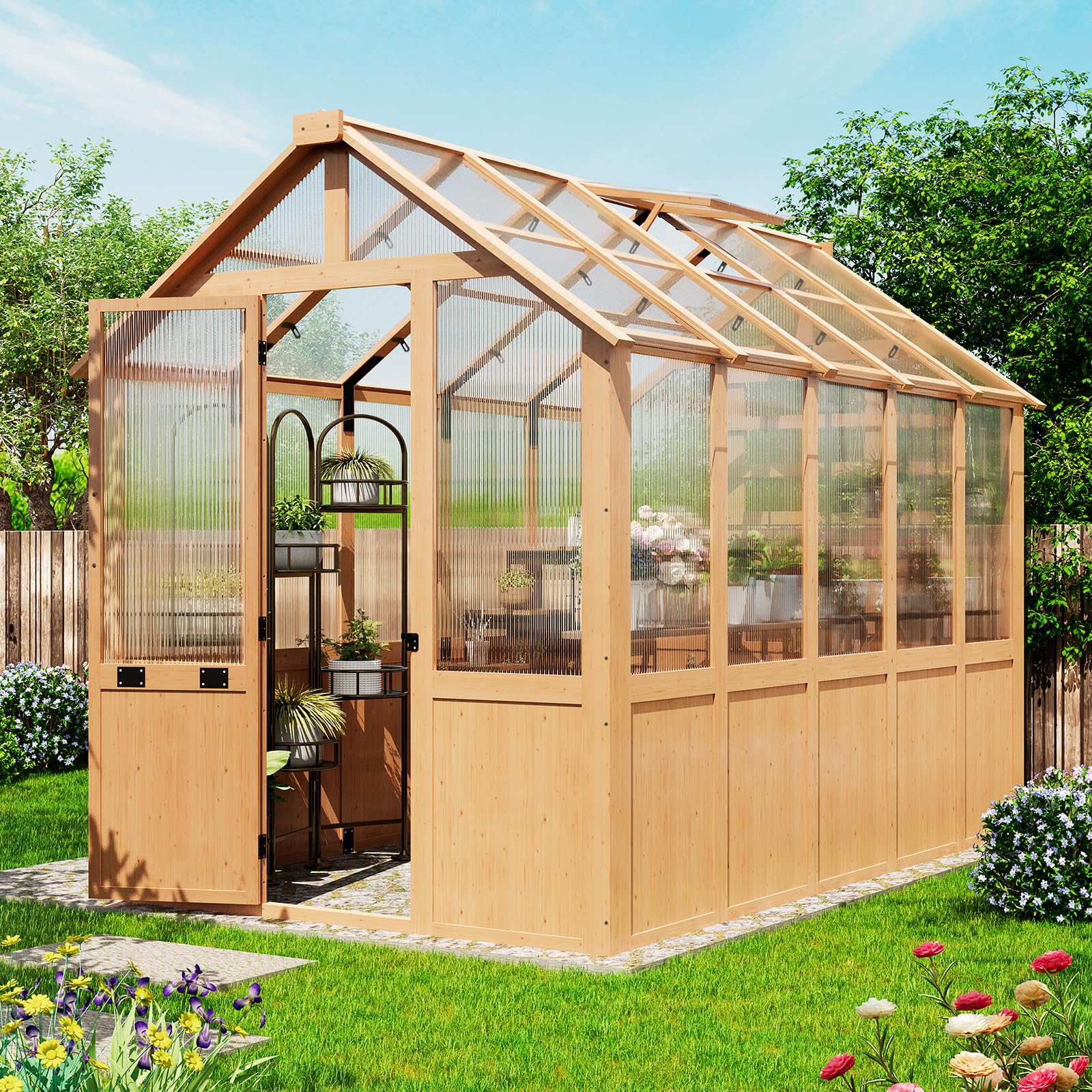 EROMMY 7x16 FT Spruce Wood Greenhouse with Pergola, Large Walk-in Polycarbonate Greenhouse Kit with Top-Hung Windows, Built-in Workstation and Staging Shelves for Backyard Garden