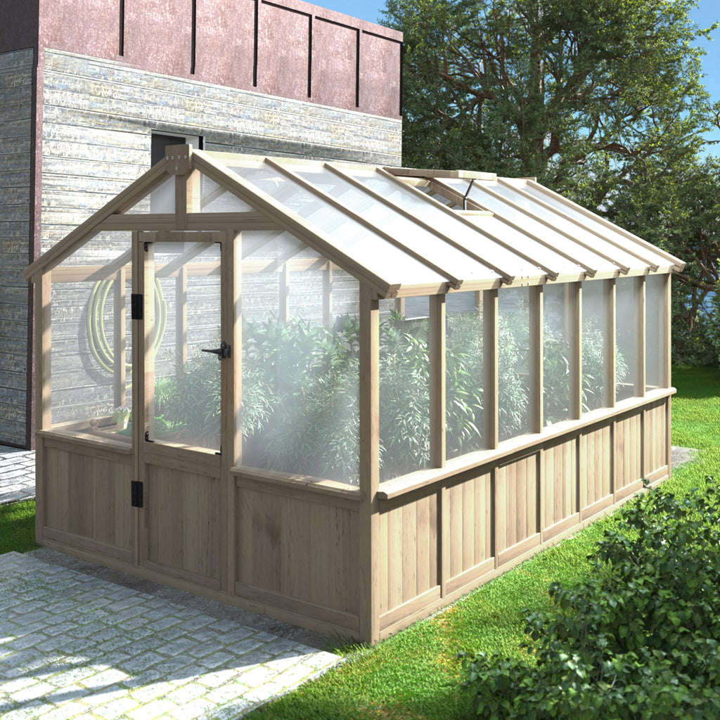 Yardenaler 8x16 FT Greenhouse for Outdoor, 6MM Thick Polycarbonate Panel Wooden Walk-in Green House with Adjustable Roof Vents and Lockable Door, Backyard Garden, Light Mocha Brown