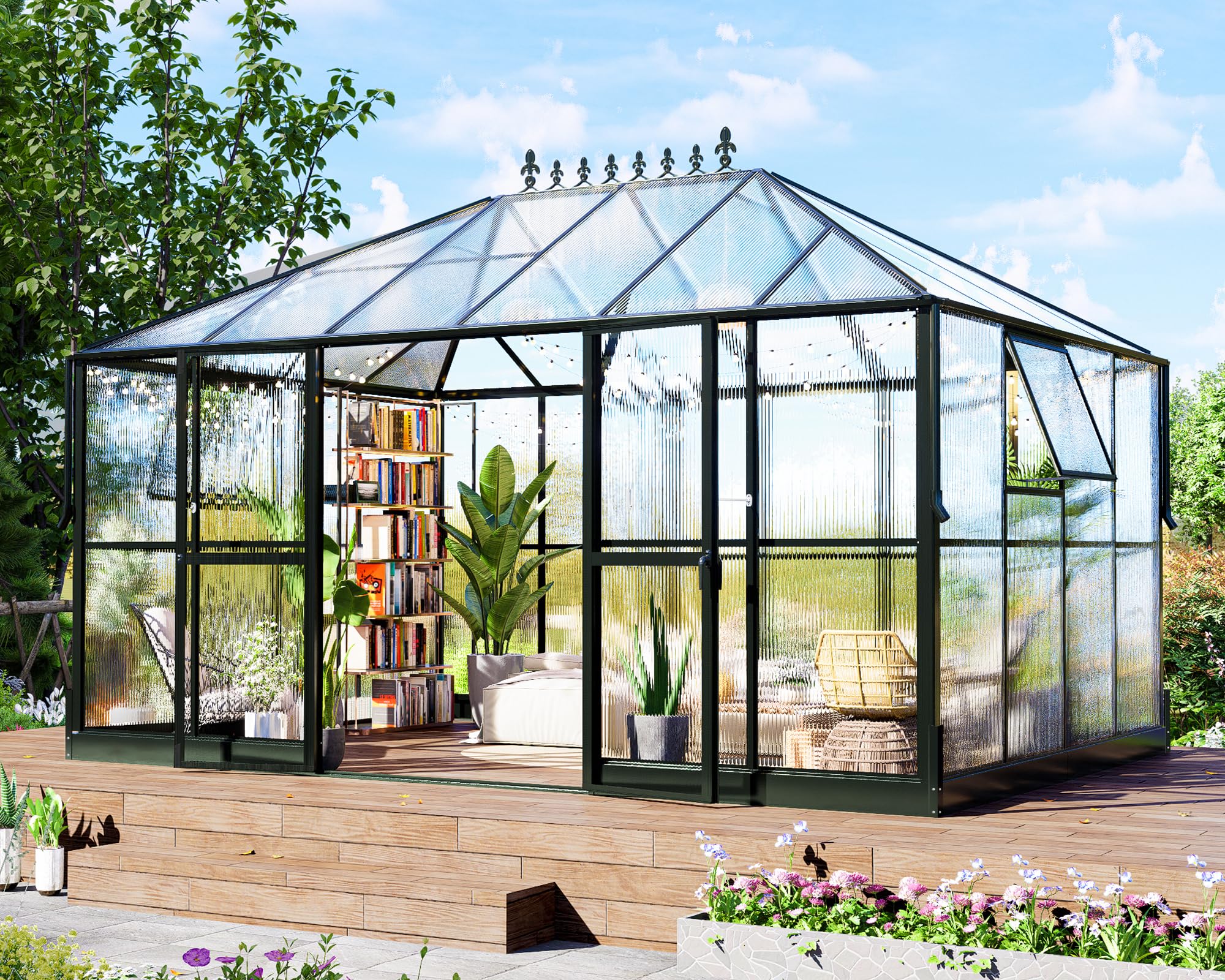 HOWE 16x12x9.5 FT Polycarbonate Greenhouse for Outdoors, Pavilion Style Greenhouse with 4 Vent Windows, Lockable Double Doors, Ideal for Garden & Patio Use, Black
