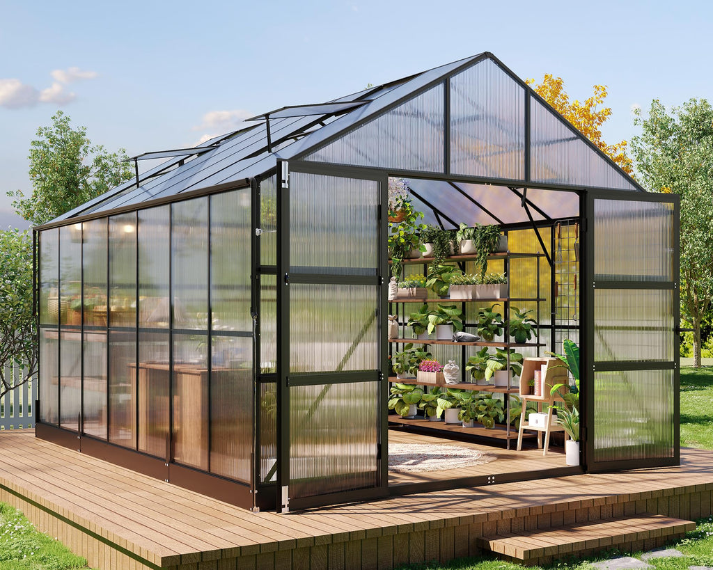HOWE 10x18x8.4FT Polycarbonate Greenhouse, Heavy Duty Greenhouse for Outdoors with 4 Vent Windows, Black