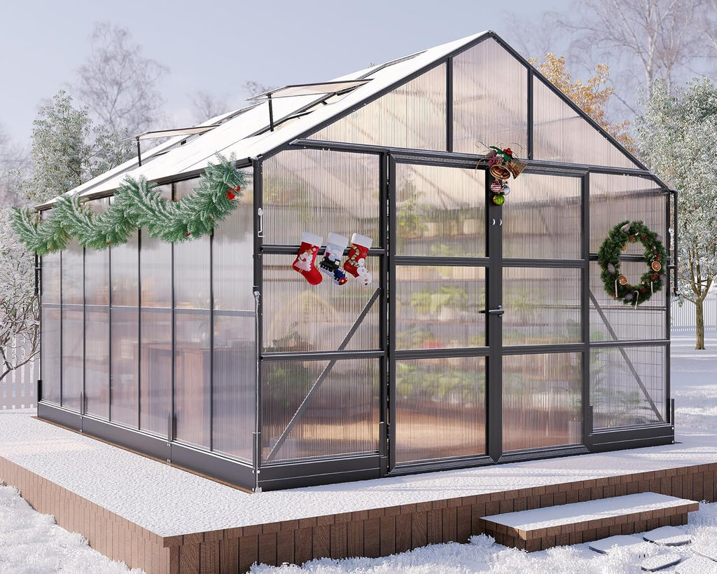 HOWE 10x18x8.4FT Polycarbonate Greenhouse, Heavy Duty Greenhouse for Outdoors with 4 Vent Windows, Black