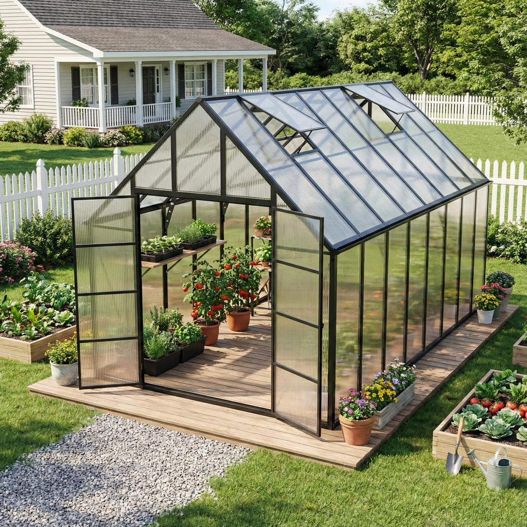 10x20 FT Greenhouse for Outdoor, Large Easy Assembly Heavy Duty Polycarbonate Panels Aluminum Frame Walk-in Green House with 3 Windows Wider Door for Garden Plants