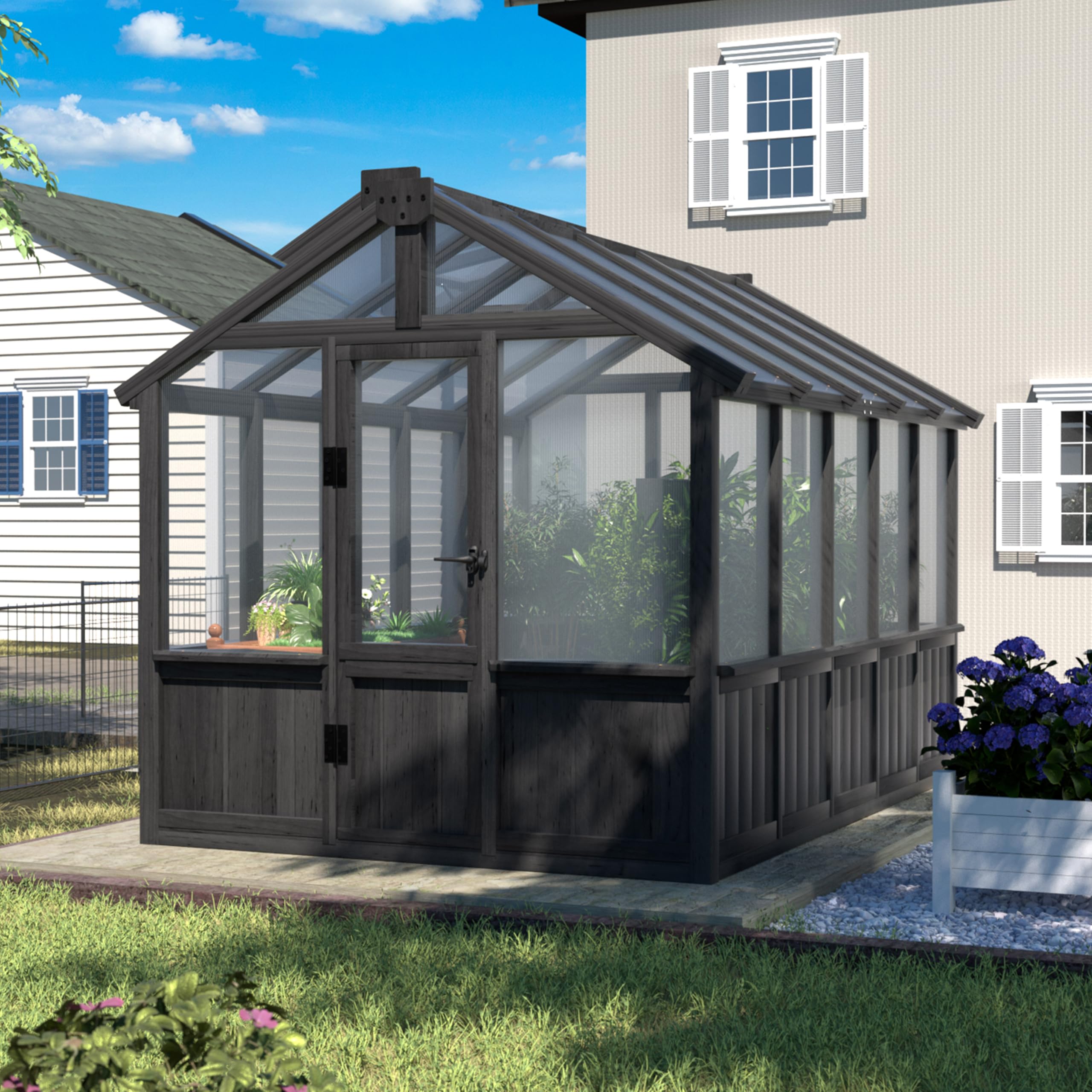 Yardenaler 8x16 FT Greenhouse for Outdoor, 6MM Thick Polycarbonate Panel Wooden Walk-in Green House with Adjustable Roof Vents and Lockable Door, Backyard Garden, Light Mocha Brown