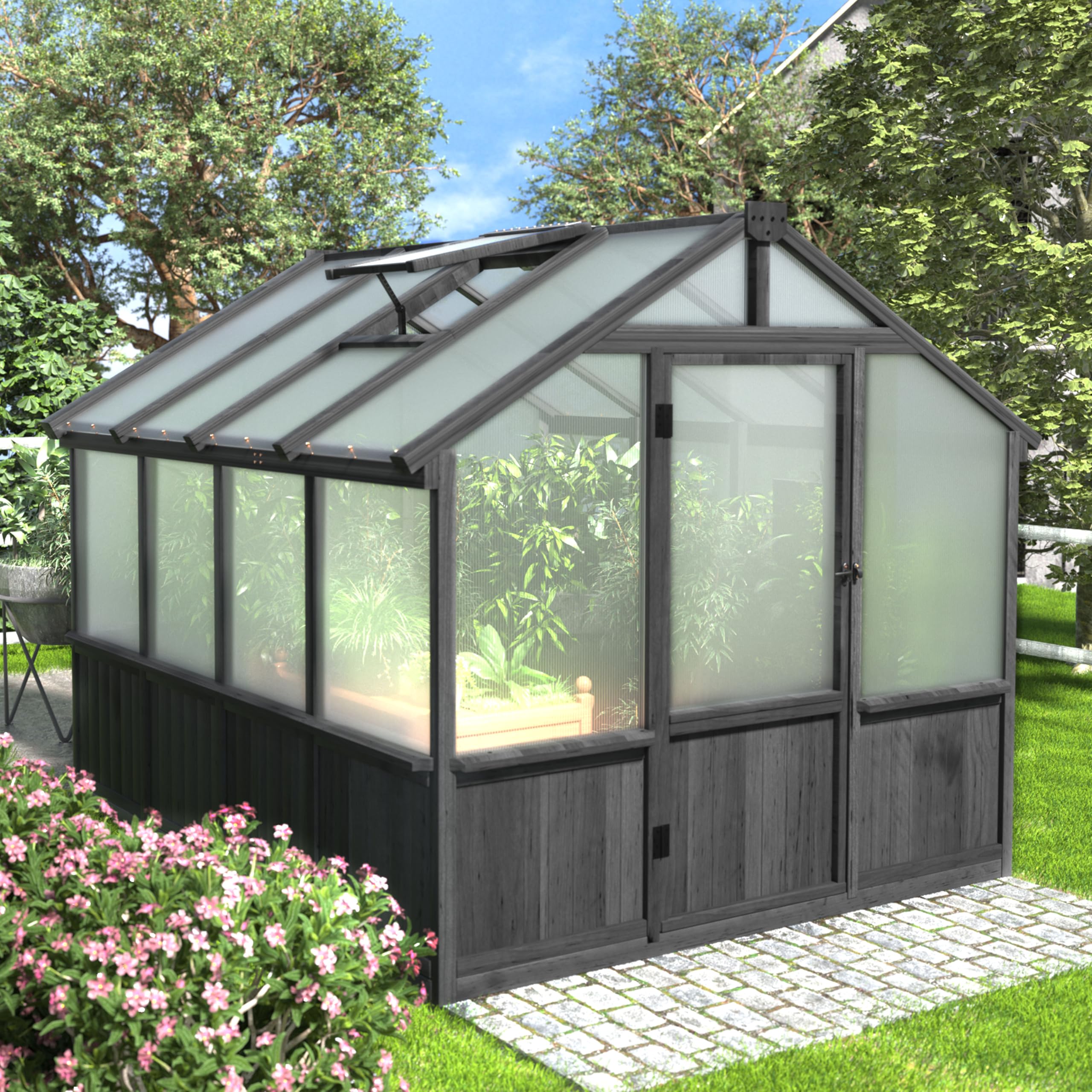 Yardenaler 8x16 FT Greenhouse for Outdoor, 6MM Thick Polycarbonate Panel Wooden Walk-in Green House with Adjustable Roof Vents and Lockable Door, Backyard Garden, Light Mocha Brown