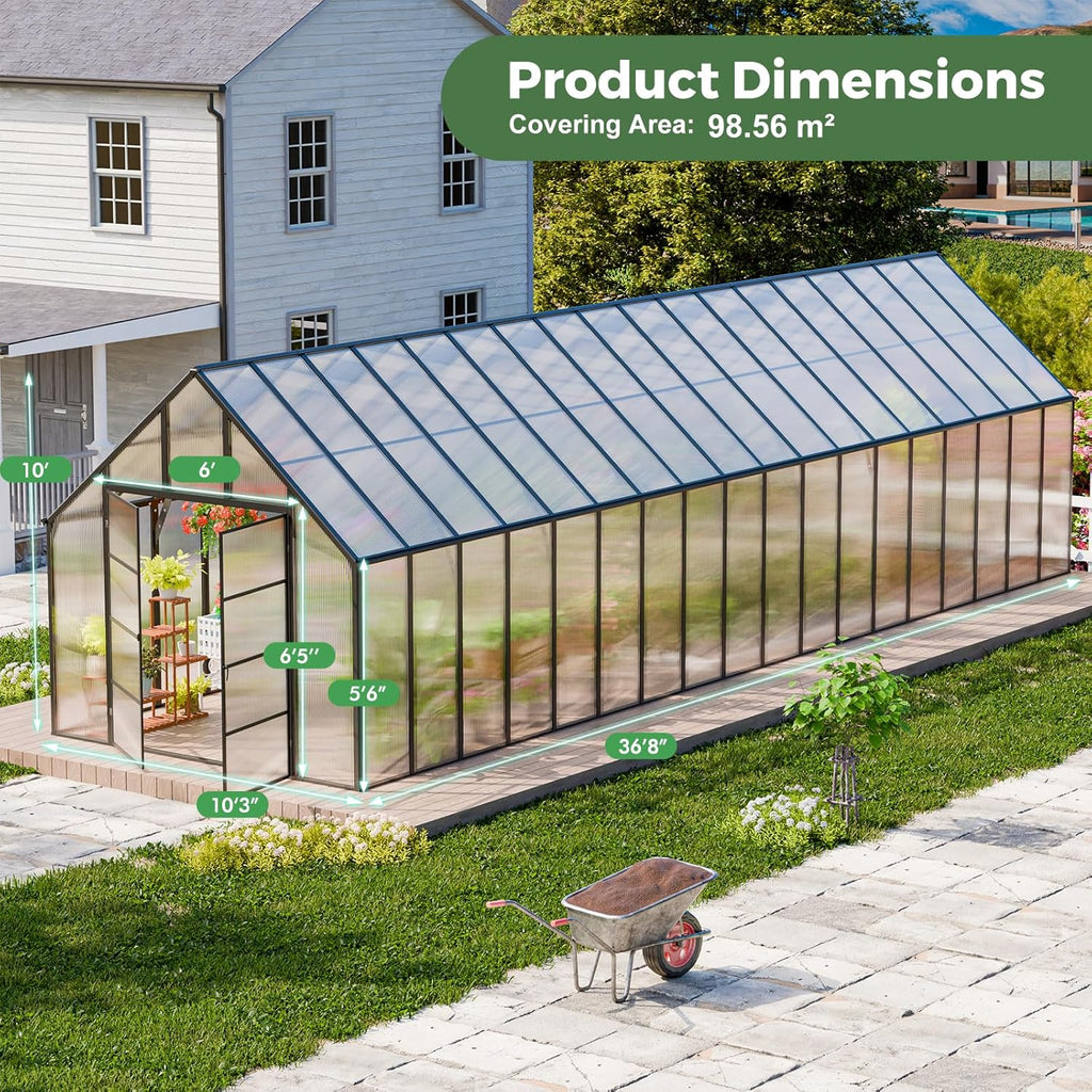 CDCASA 10x36 FT Greenhouse for Outdoors,Large Easy Assembly Thicker Aluminum Polycarbonate Greenhouses w/8 Windows, Double Door, Walk-in Green House for Outside,Patio,Backyard,Garden