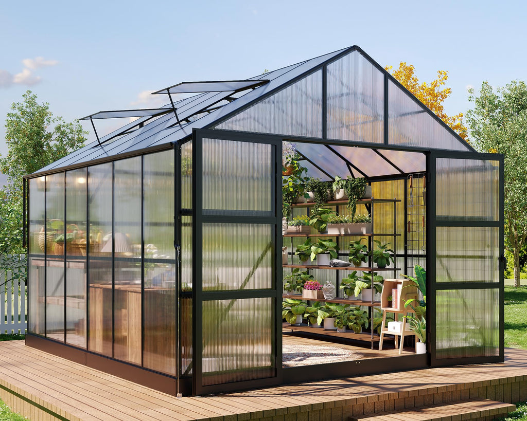 HOWE 10x18x8.4FT Polycarbonate Greenhouse, Heavy Duty Greenhouse for Outdoors with 4 Vent Windows, Black