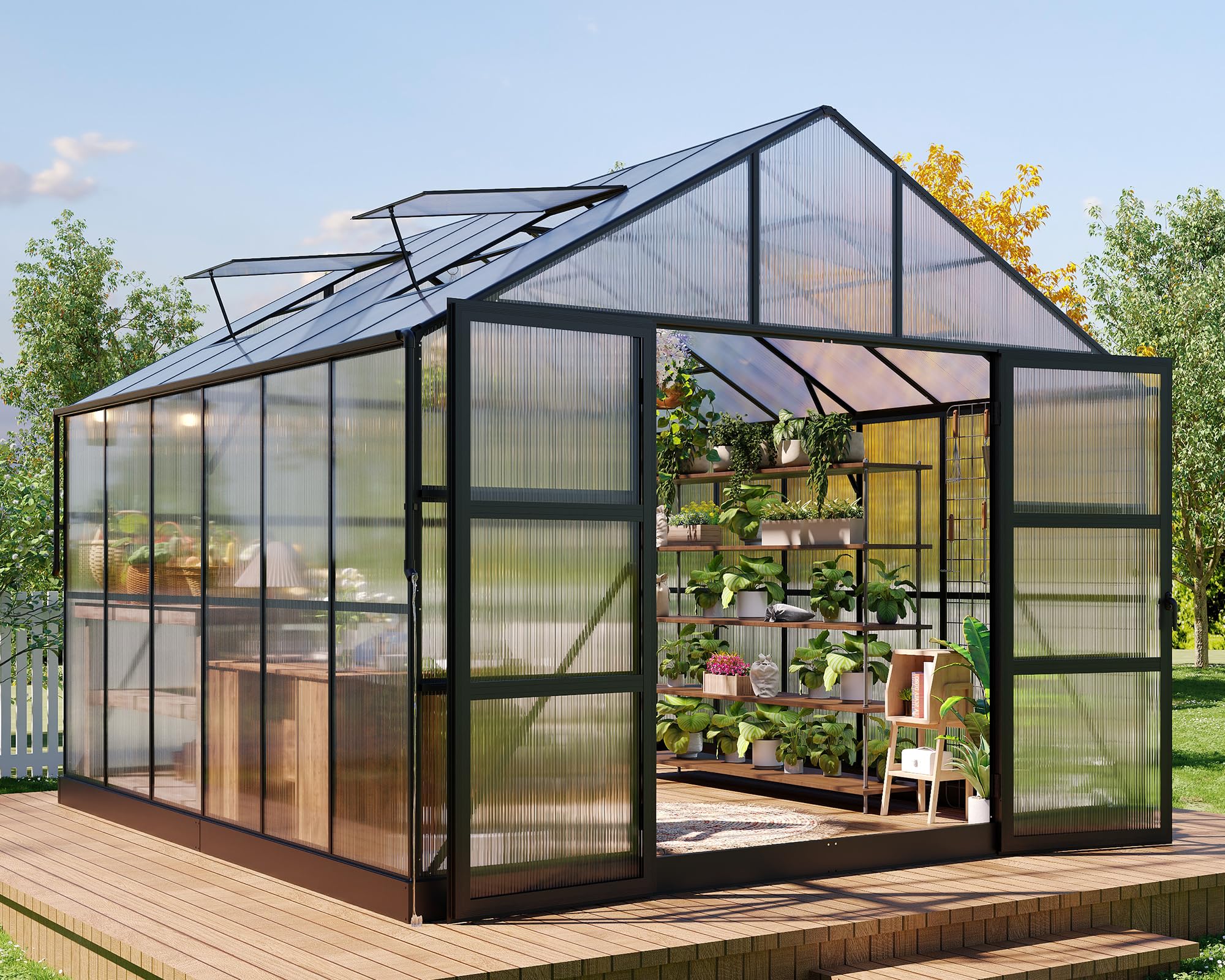 HOWE 10x18x8.4FT Polycarbonate Greenhouse, Heavy Duty Greenhouse for Outdoors with 4 Vent Windows, Black